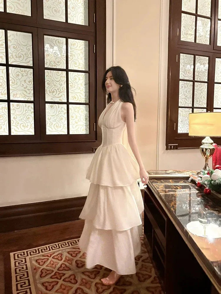 Glamorous Flared Strapless Tiered Ivory Floor-Length Prom Dress for Women