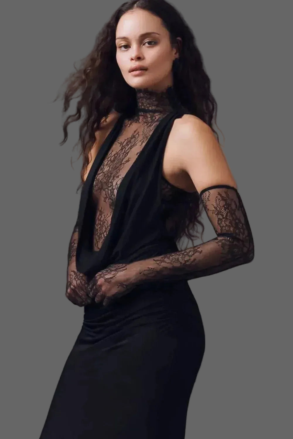 Glamorous Lace-Mesh Maxi Evening Dress Black Halter High Neck for Women