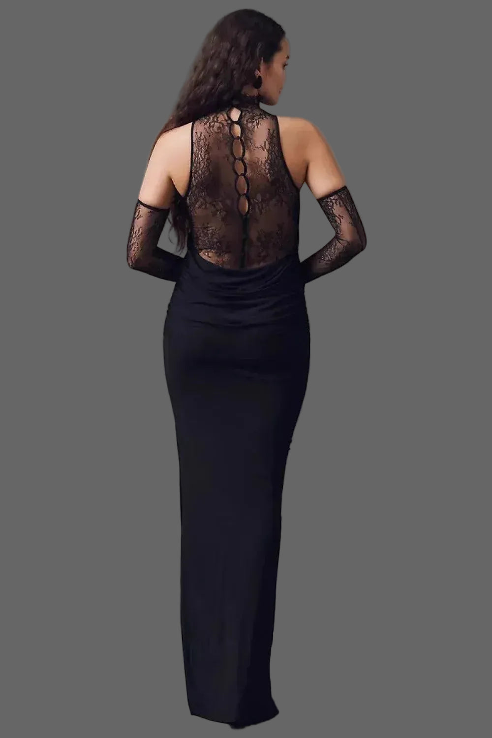 Glamorous Lace-Mesh Maxi Evening Dress Black Halter High Neck for Women