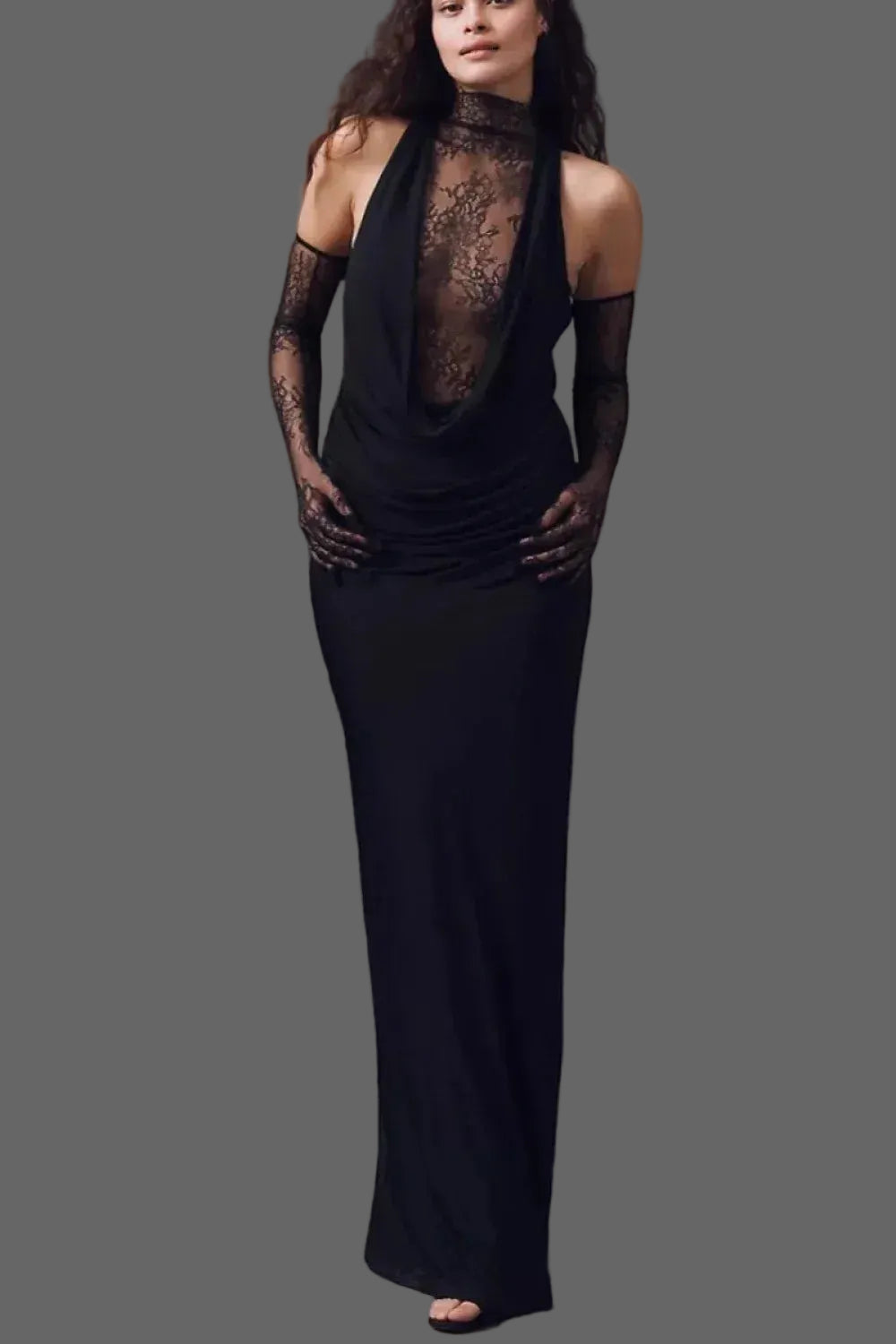 Glamorous Lace-Mesh Maxi Evening Dress Black Halter High Neck for Women