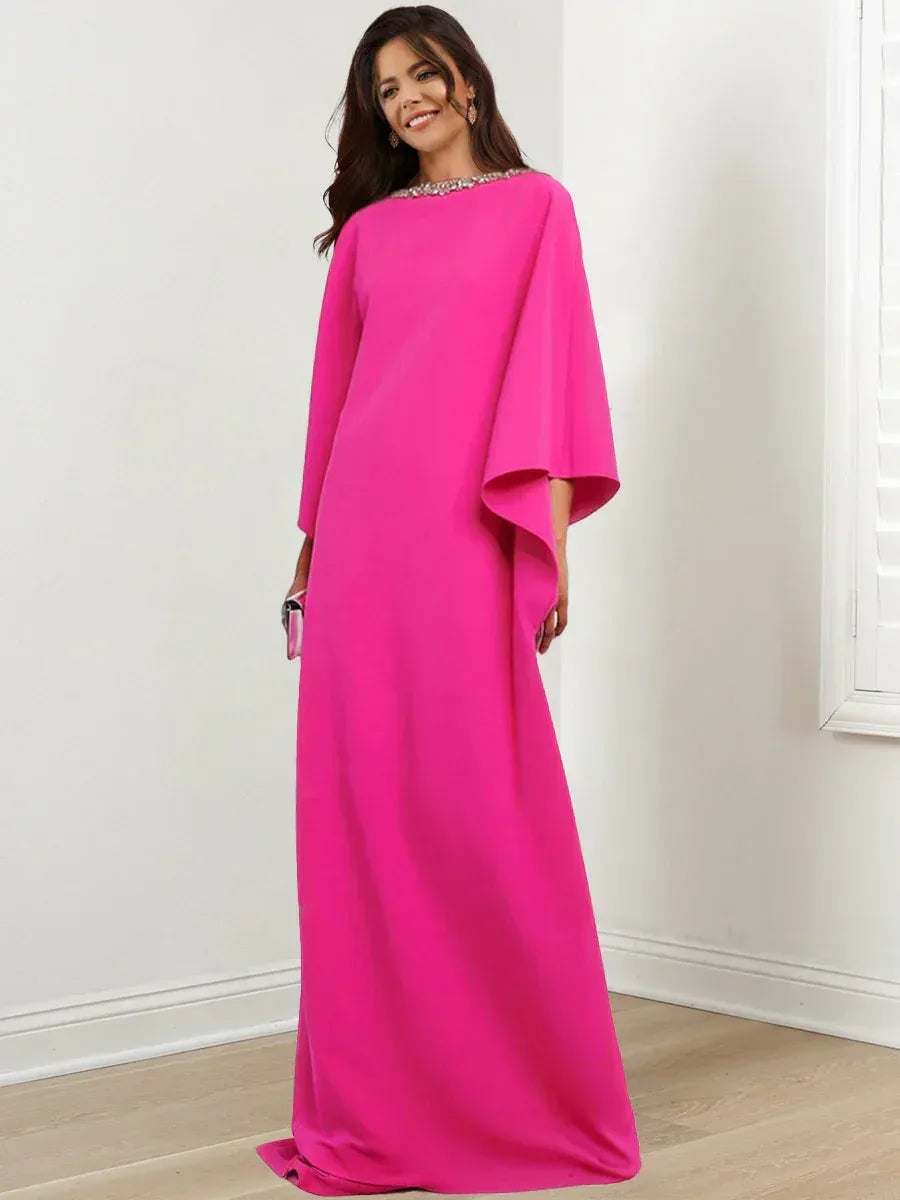 Glamorous Loose Boat Neck Cape Sleeve Beaded Hot Pink Floor-Length Prom Dress For Women Hot Sale