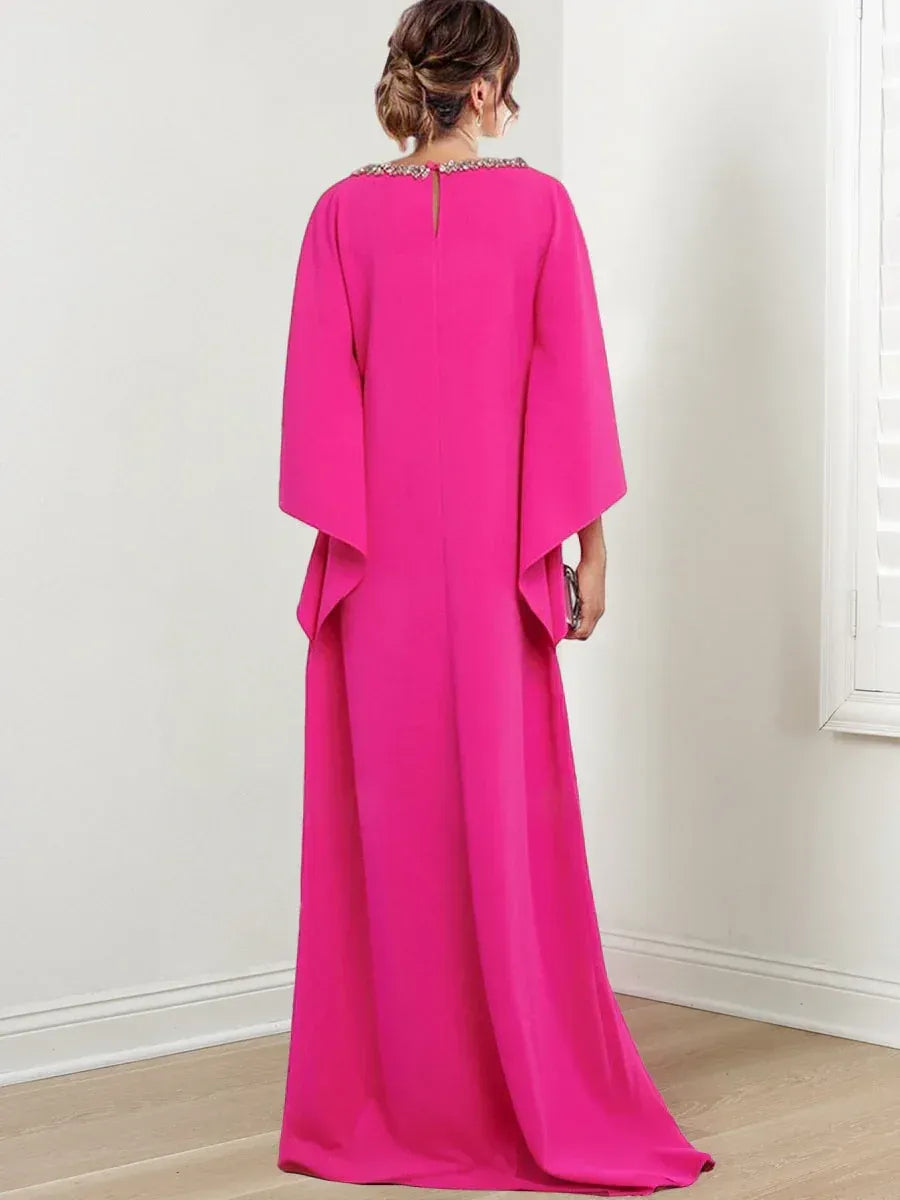 Glamorous Loose Boat Neck Cape Sleeve Beaded Hot Pink Floor-Length Prom Dress For Women Hot Sale