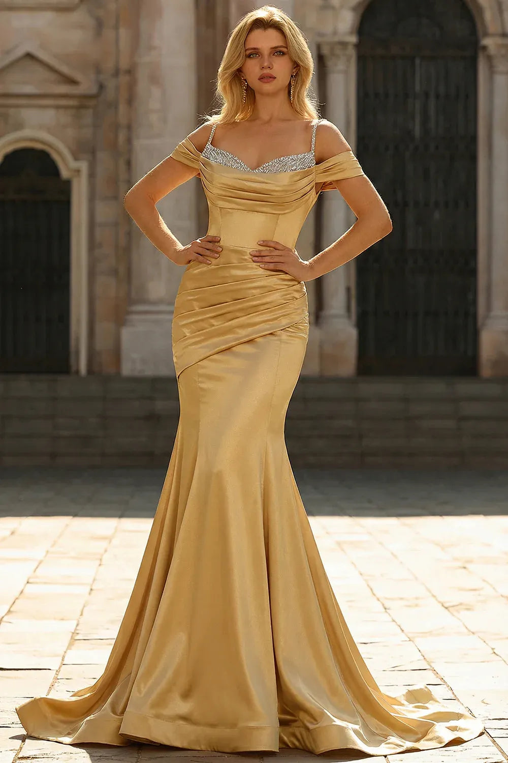 Glamorous Mermaid Cold Shoulder Beaded Pleated Satin Gold Maxi Prom Dress