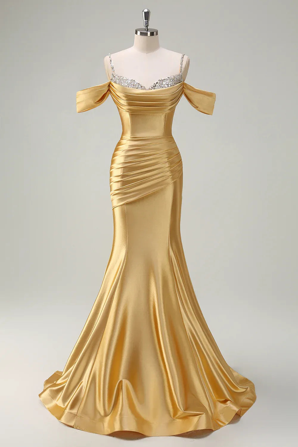 Glamorous Mermaid Cold Shoulder Beaded Pleated Satin Gold Maxi Prom Dress