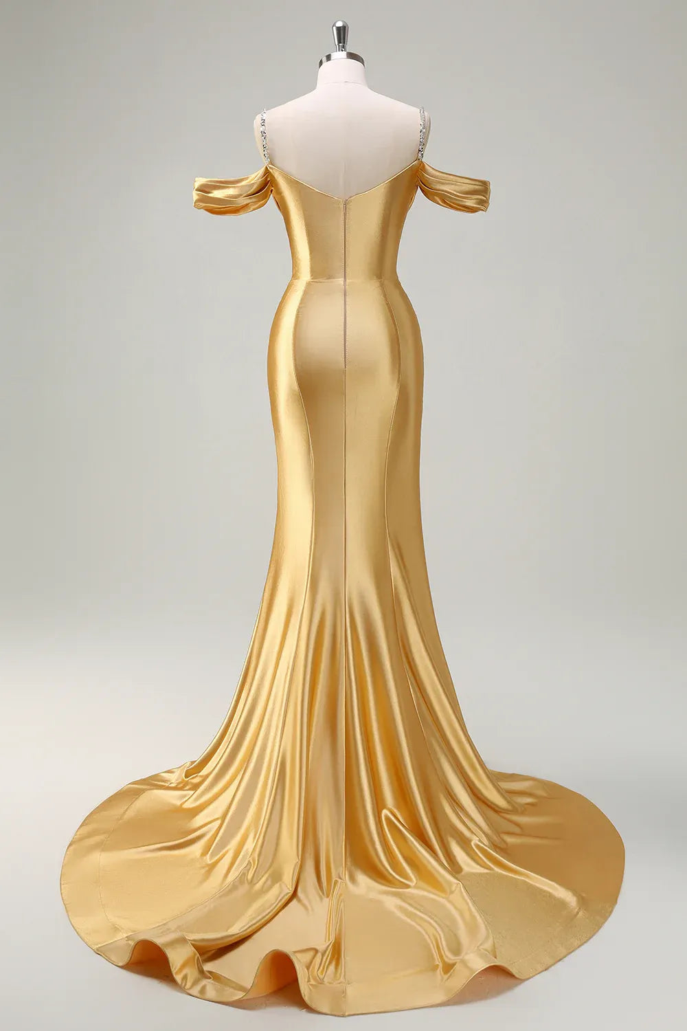 Glamorous Mermaid Cold Shoulder Beaded Pleated Satin Gold Maxi Prom Dress