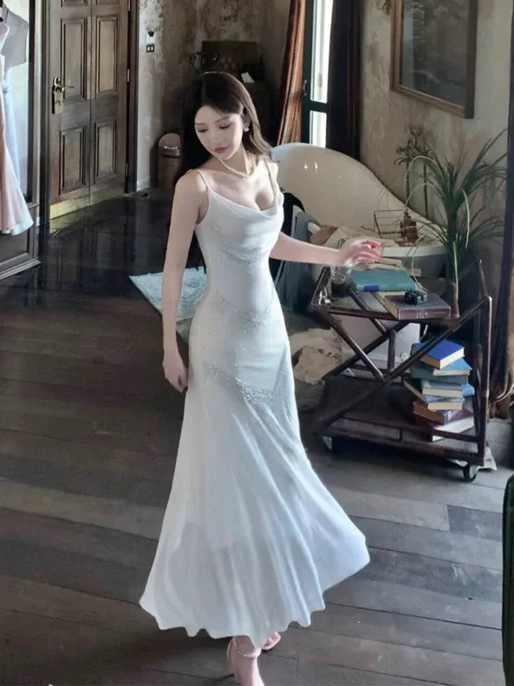 Glamorous Mermaid Cowl-Neck Sleeveless Rhinestone-Embellished White Maxi Prom Dress for Women hot sale