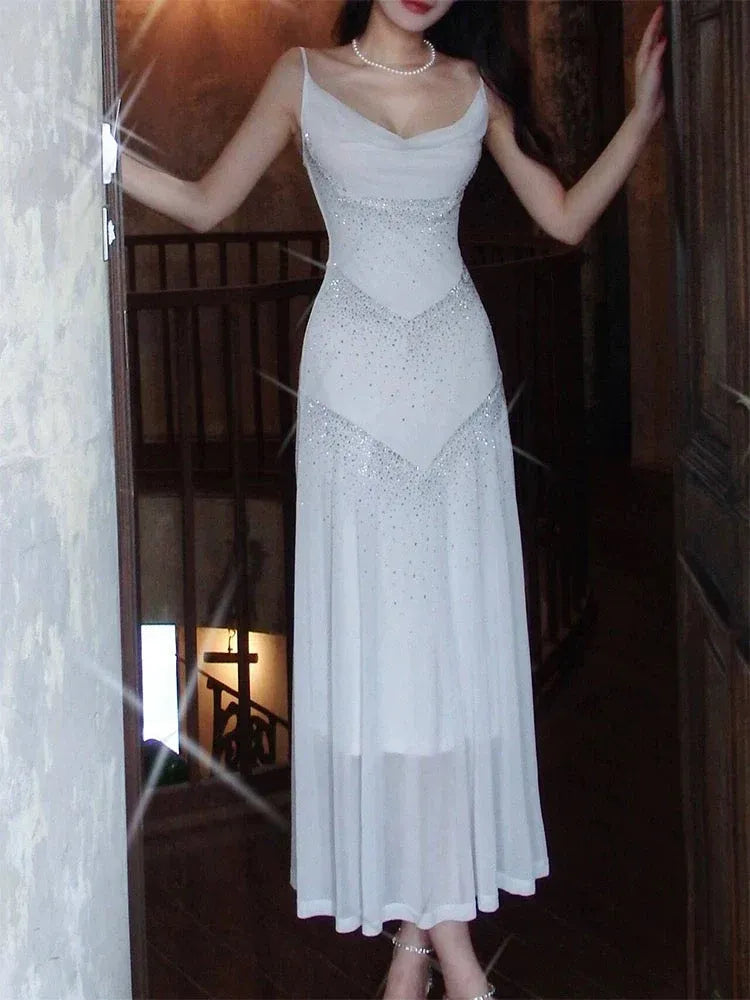 Glamorous Mermaid Cowl-Neck Sleeveless Rhinestone-Embellished White Maxi Prom Dress for Women hot sale