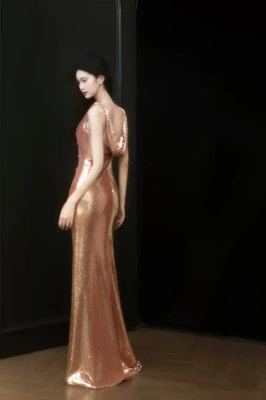 Glamorous Mermaid Cowl Neck Sleeveless Metallic Rose Gold Maxi Prom Dress for Women Hot Sale