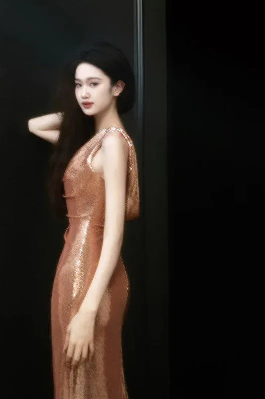 Glamorous Mermaid Cowl Neck Sleeveless Metallic Rose Gold Maxi Prom Dress for Women Hot Sale