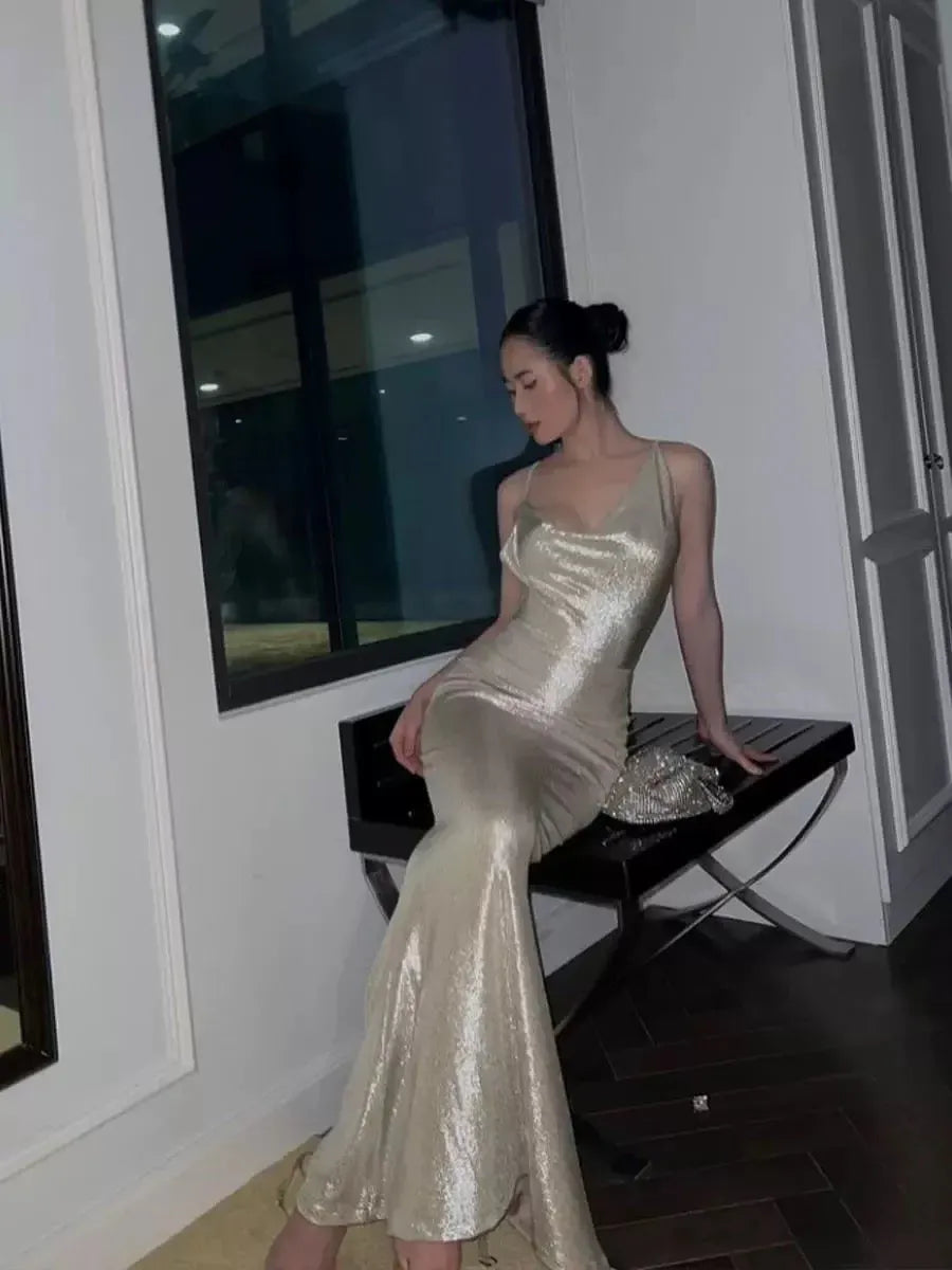 Glamorous Mermaid Cowl Neck Sleeveless Open-Back Maxi Prom Dress for Women Custom