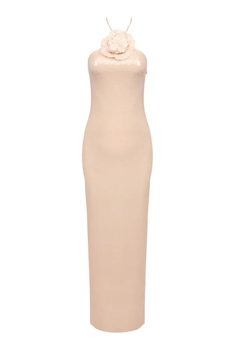 Glamorous Mermaid Halter-Neck Sleeveless Sequin-Floral Blush Floor-Length Evening Dress for Women