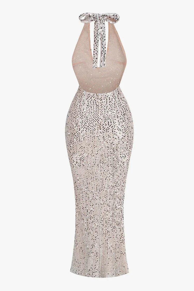 Glamorous Mermaid Halter-Neck Sleeveless Sequin Cutout Champagne Midi Evening Dress for Women