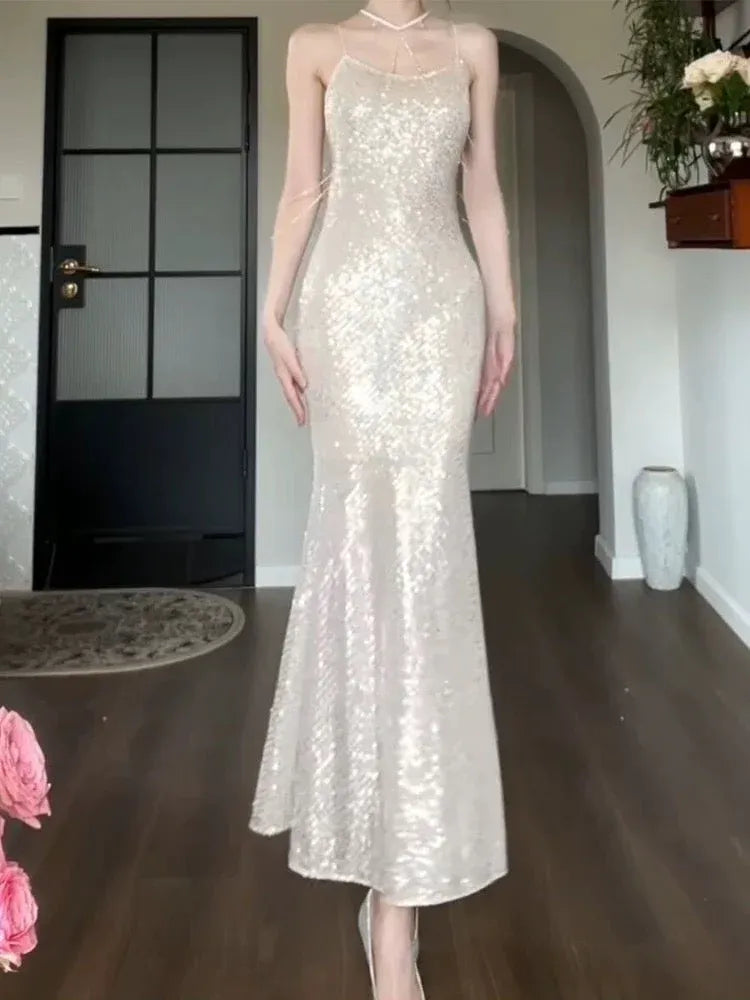 Glamorous Mermaid Halter-Neck Spaghetti-Strap Sequin Champagne Maxi Evening Dress for Women