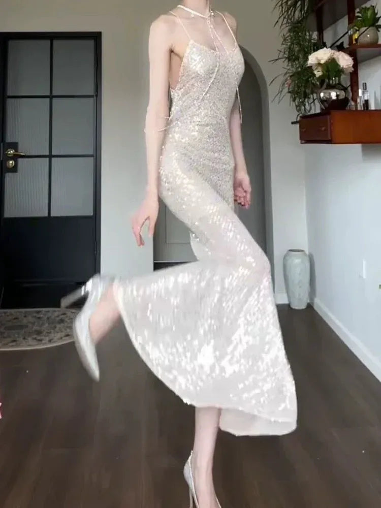 Glamorous Mermaid Halter-Neck Spaghetti-Strap Sequin Champagne Maxi Evening Dress for Women