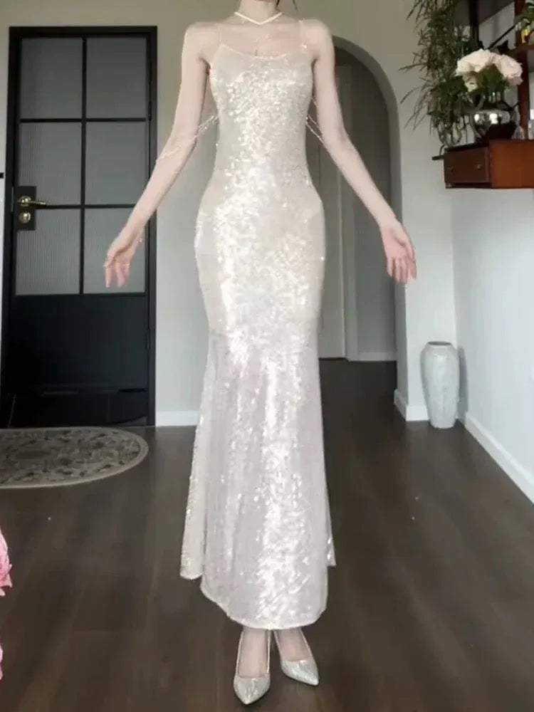 Glamorous Mermaid Halter-Neck Spaghetti-Strap Sequin Champagne Maxi Evening Dress for Women