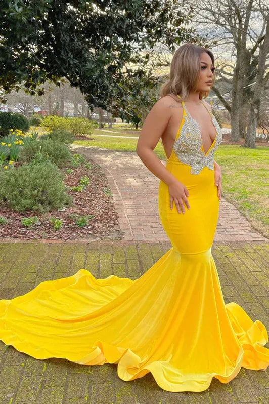 Glamorous Mermaid Halter Beaded Yellow Evening Dress For Ladies Hot Sale