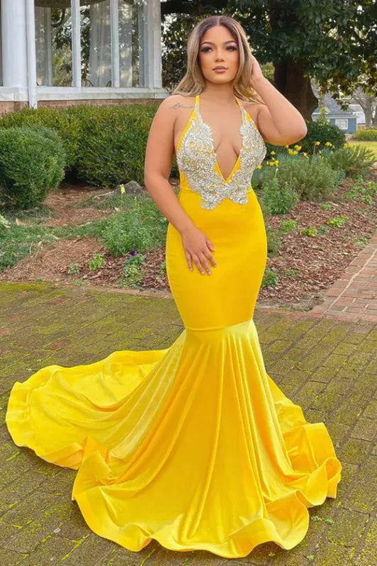 Glamorous Mermaid Halter Beaded Yellow Evening Dress For Ladies Hot Sale