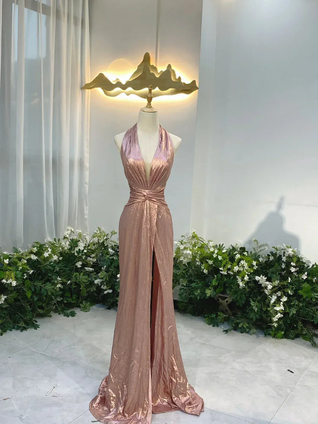 Glamorous Mermaid Halter Knotted Rose Gold Long Prom Dress With Slit