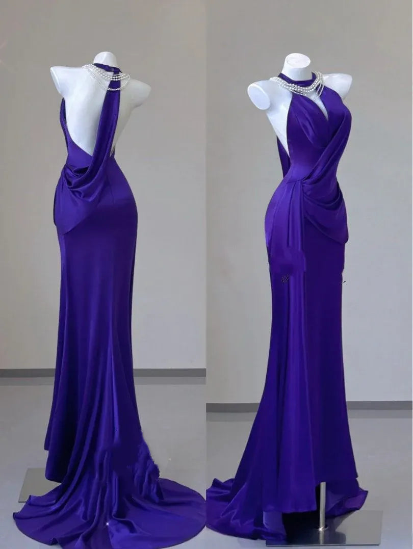 Glamorous Mermaid Halter Neck Sleeveless Ruched Purple Maxi Prom Dress for Women No Necklace