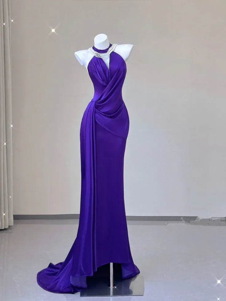 Glamorous Mermaid Halter Neck Sleeveless Ruched Purple Maxi Prom Dress for Women No Necklace