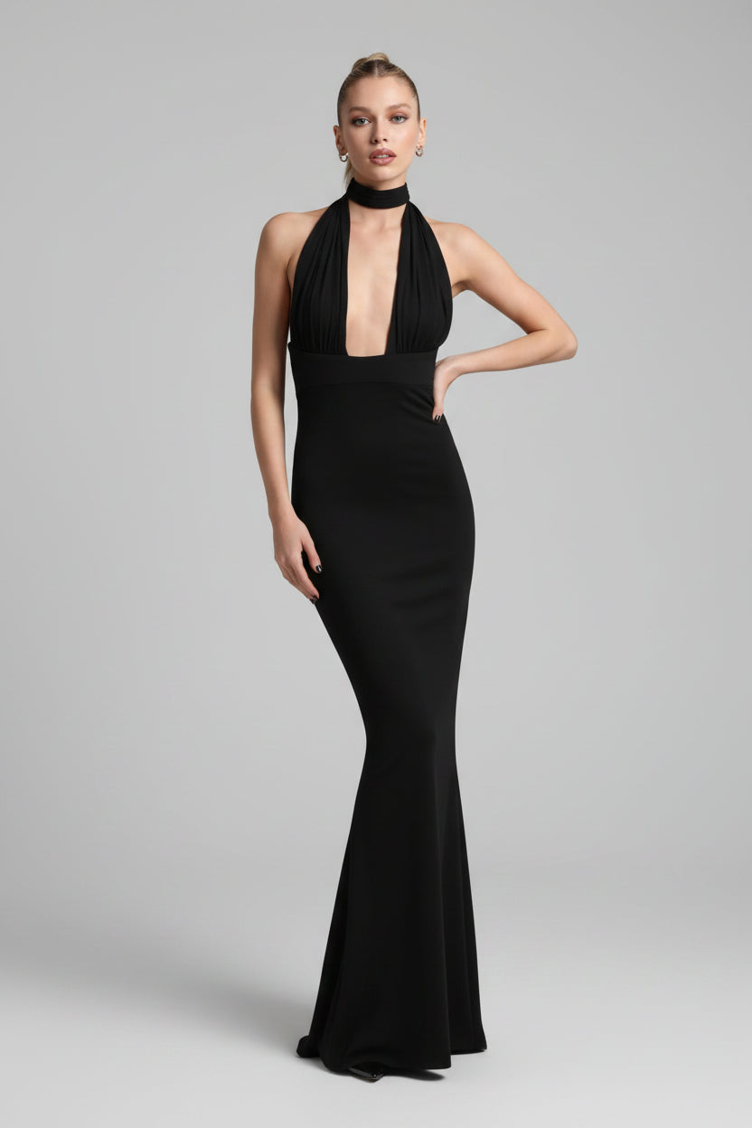 Glamorous Mermaid Halter Open Back Black Floor-Length Prom Dress With Scarf