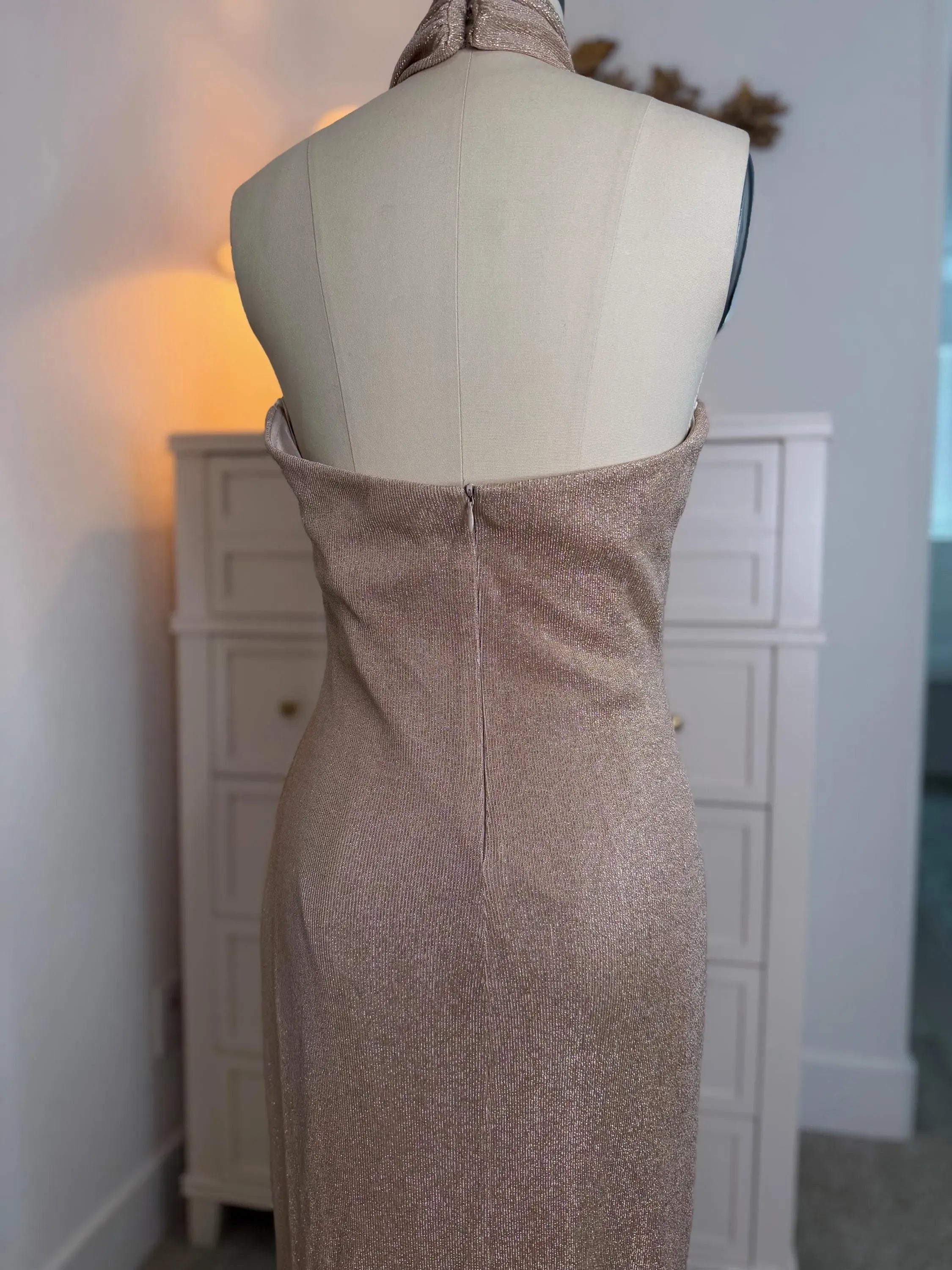 Glamorous Mermaid Halter Open Back Champagne Floor-Length Prom Dress