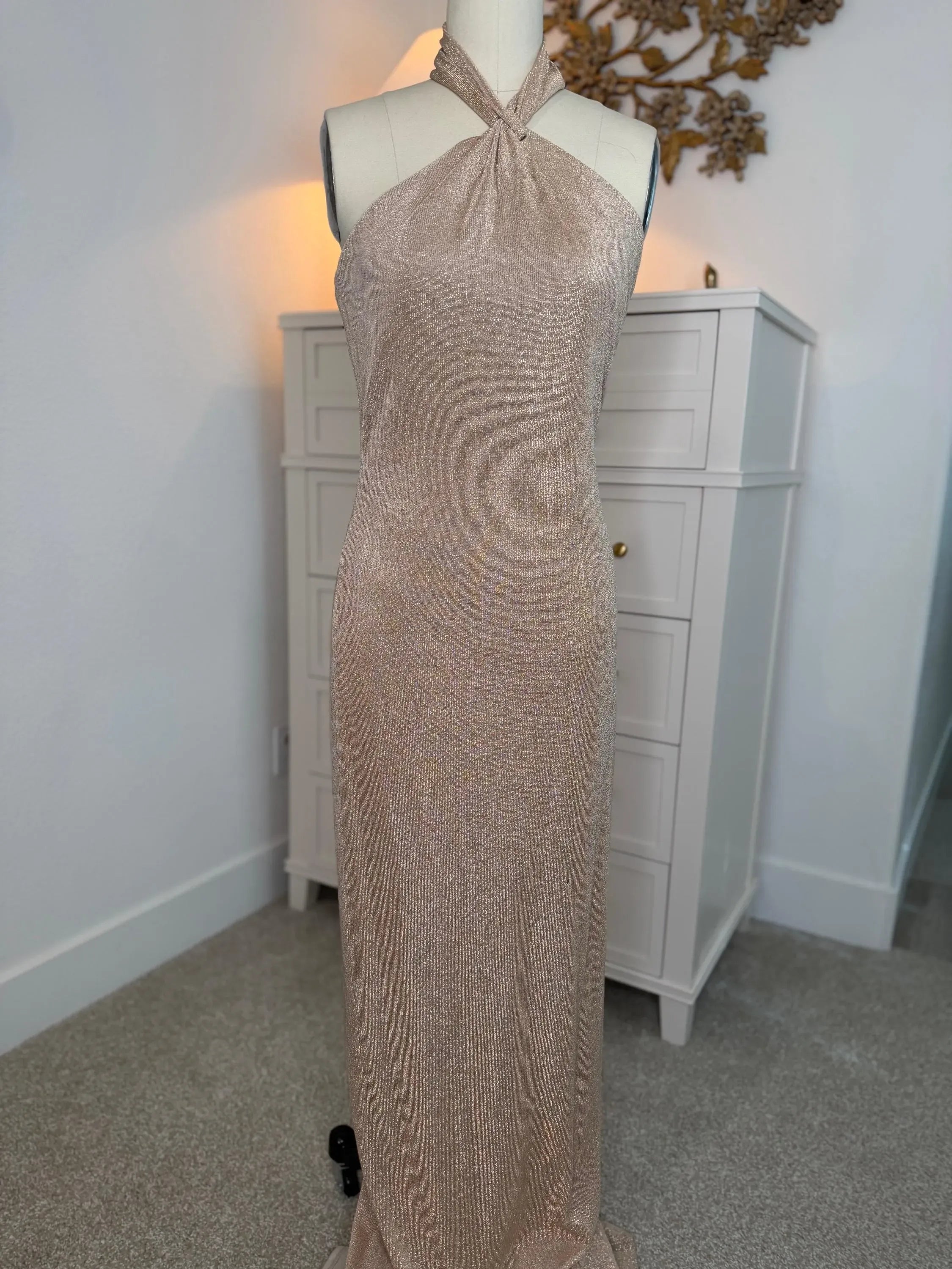 Glamorous Mermaid Halter Open Back Champagne Floor-Length Prom Dress