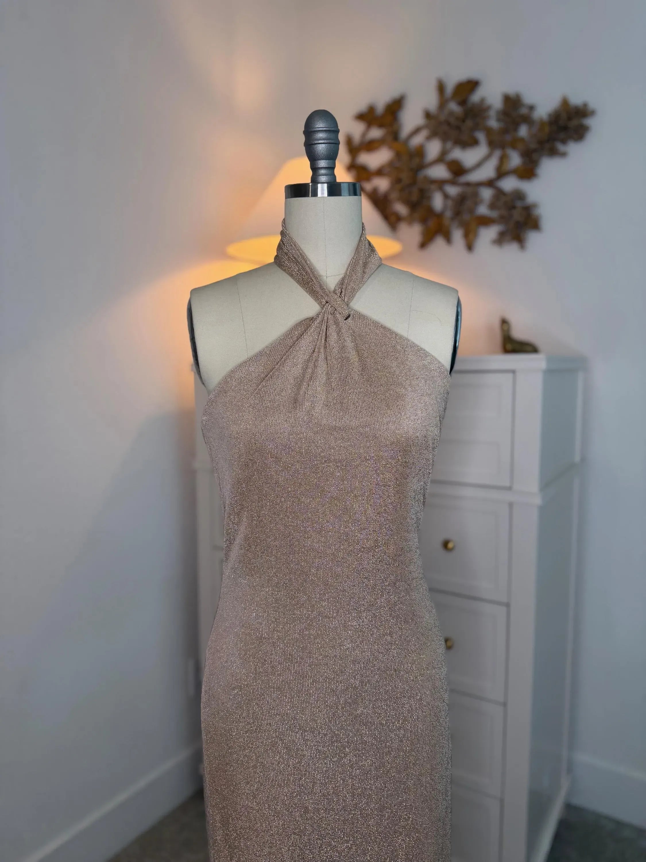Glamorous Mermaid Halter Open Back Champagne Floor-Length Prom Dress