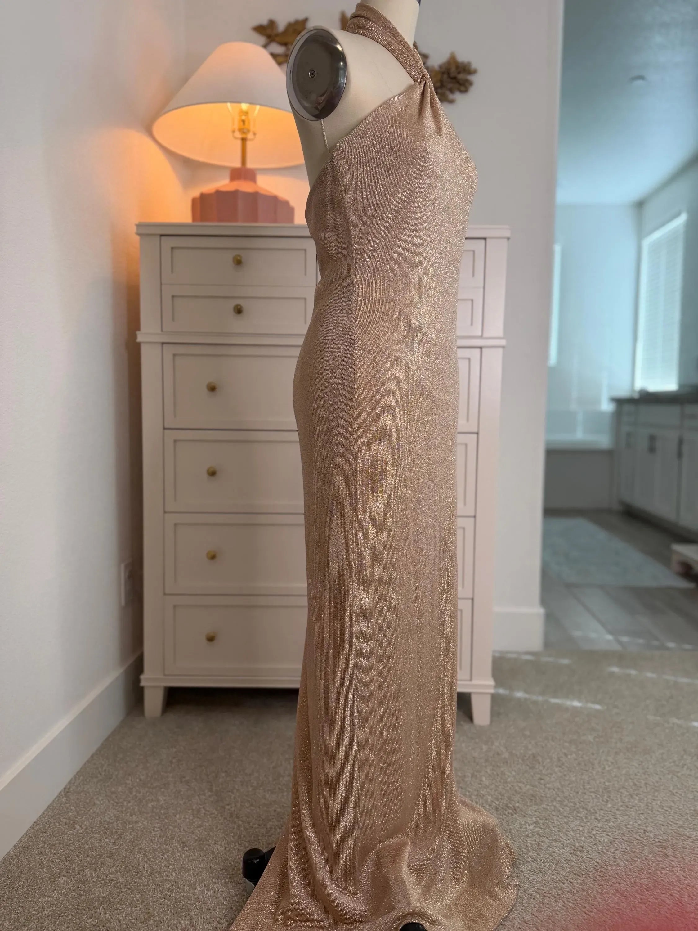 Glamorous Mermaid Halter Open Back Champagne Floor-Length Prom Dress