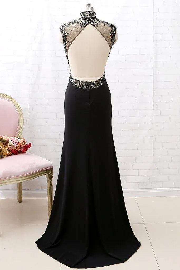 Glamorous Mermaid High-Neck Sleeveless Beaded Mesh Black Maxi Evening Dress for Women