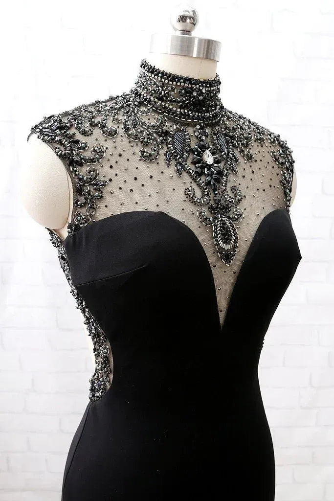 Glamorous Mermaid High-Neck Sleeveless Beaded Mesh Black Maxi Evening Dress for Women