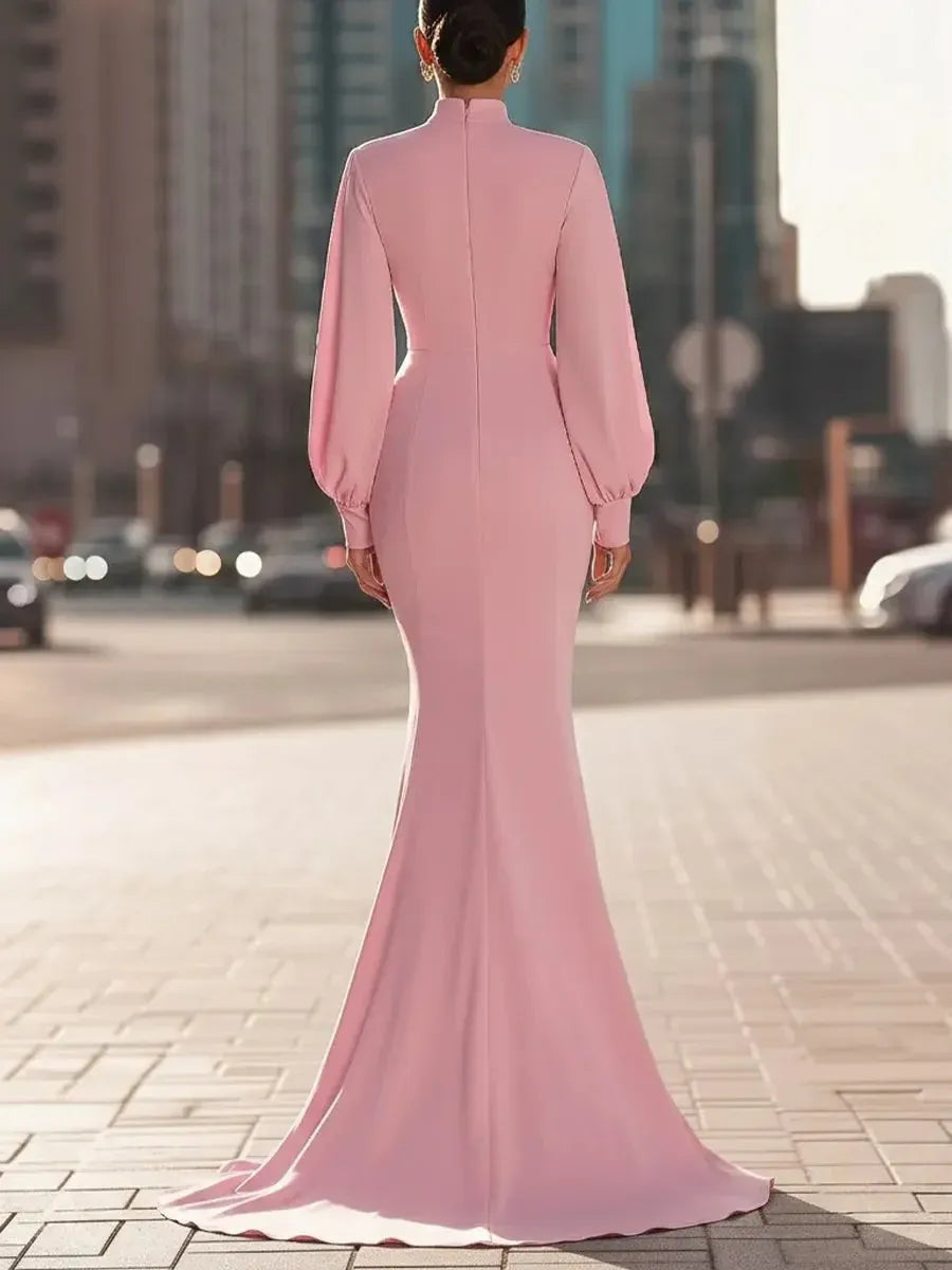 Glamorous Mermaid High Neck Bishop Sleeve Pink Floor-Length Evening Dresses