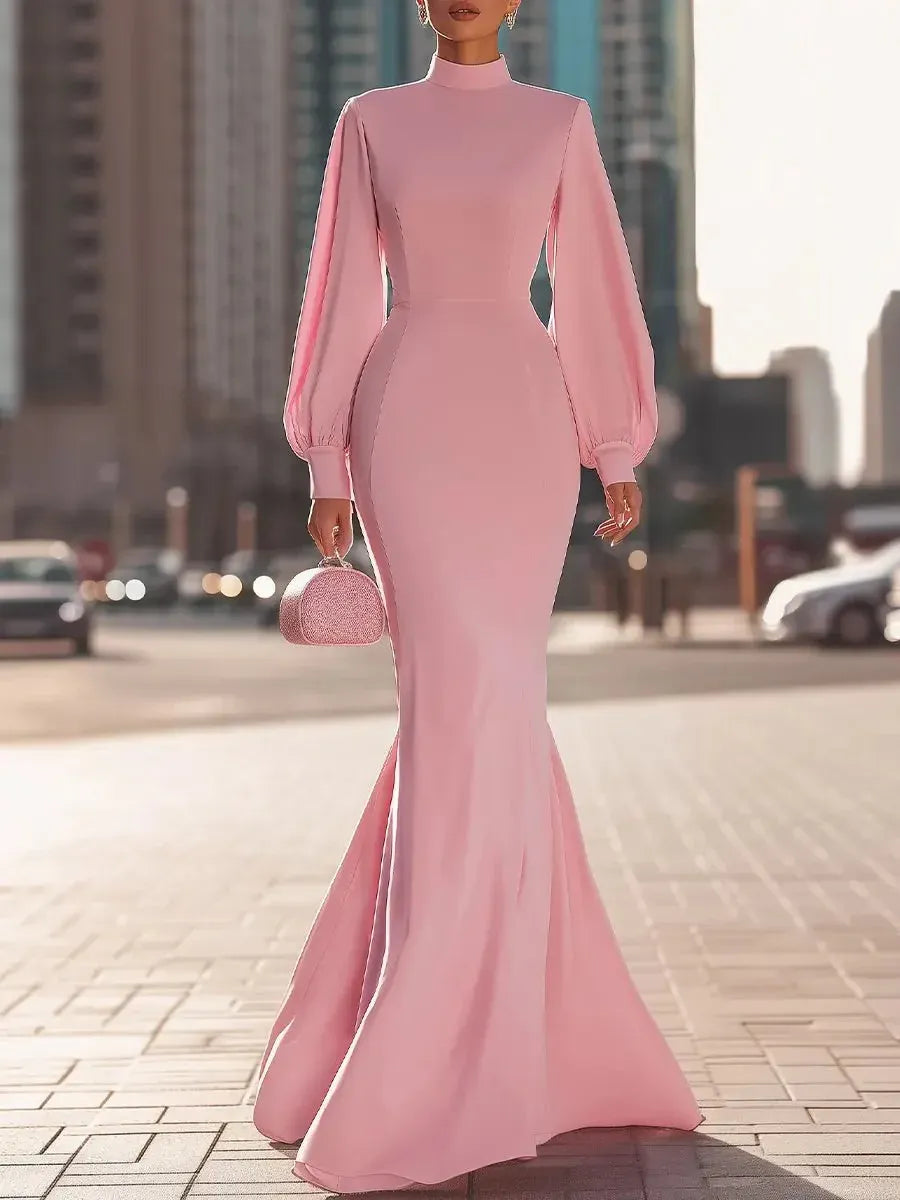 Glamorous Mermaid High Neck Bishop Sleeve Pink Floor-Length Evening Dresses