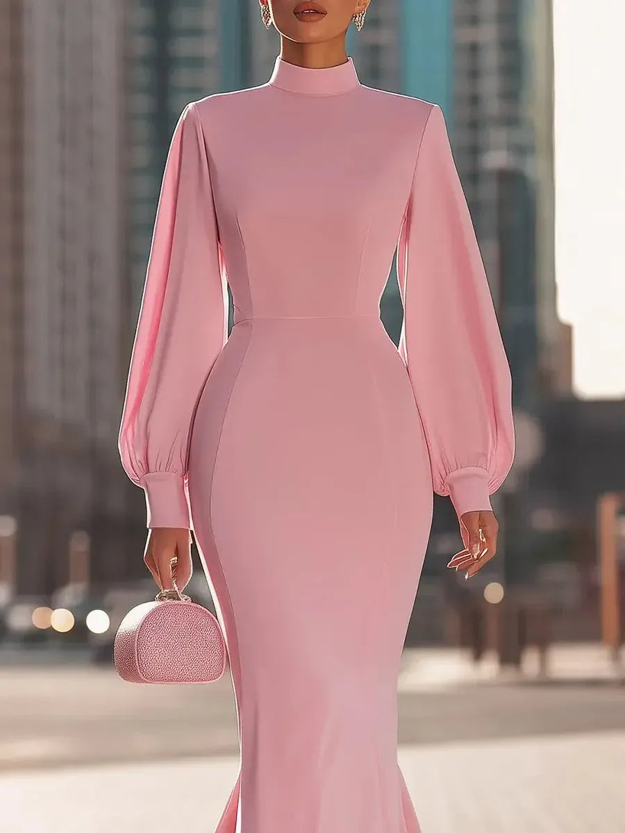 Glamorous Mermaid High Neck Bishop Sleeve Pink Floor-Length Evening Dresses