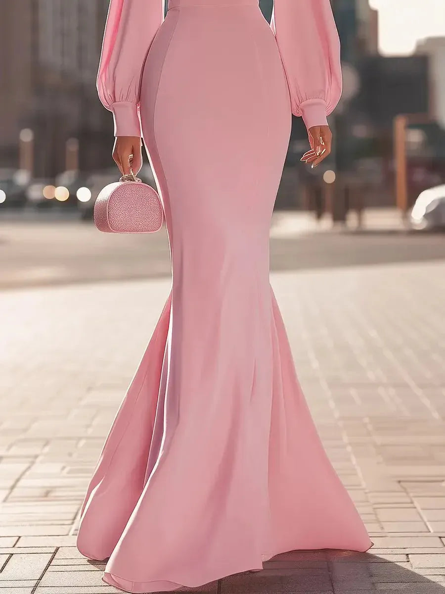 Glamorous Mermaid High Neck Bishop Sleeve Pink Floor-Length Evening Dresses