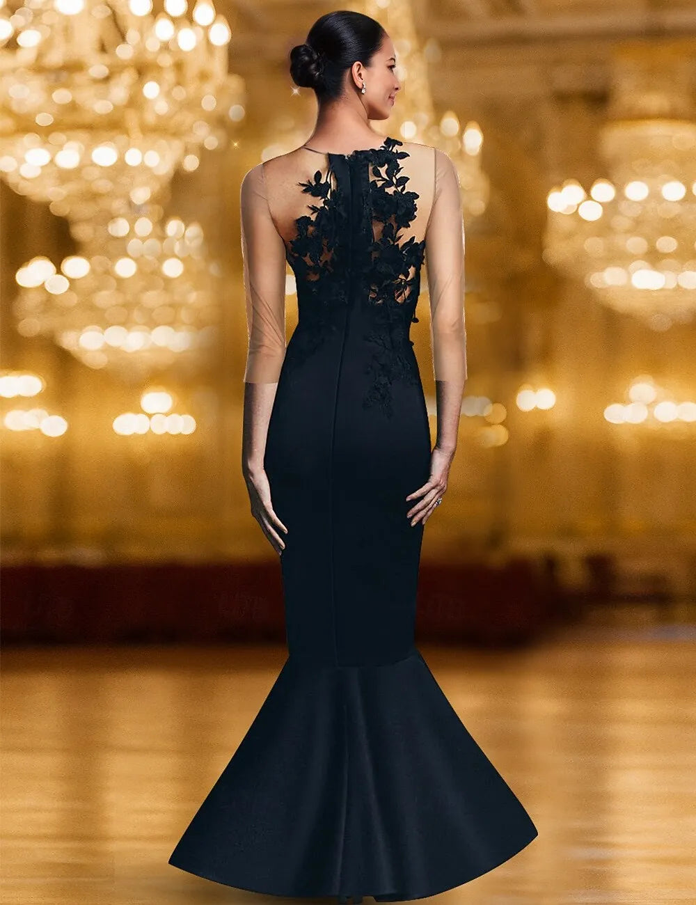 Glamorous Mermaid Illusion Neck Sheer Lace Applique Black Prom Dress For Sale