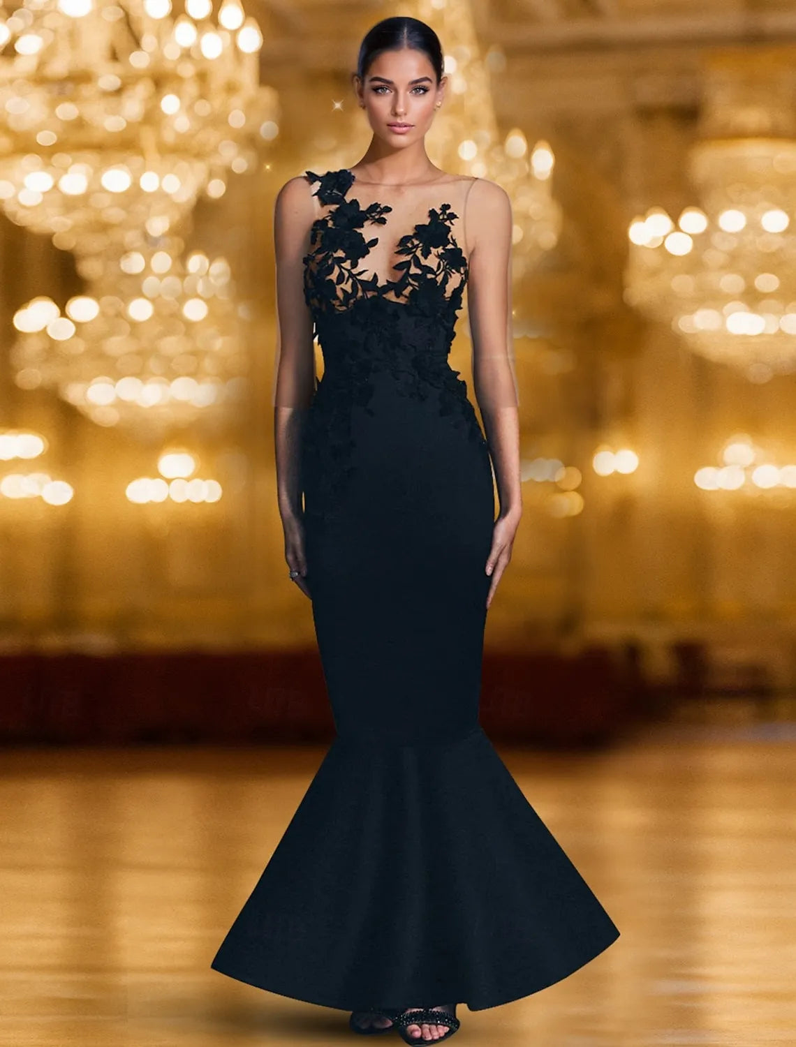 Glamorous Mermaid Illusion Neck Sheer Lace Applique Black Prom Dress For Sale