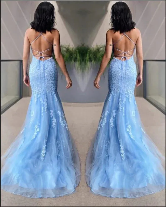 Glamorous Mermaid Lace Backless Sky Blue Train Prom Dress For Sale