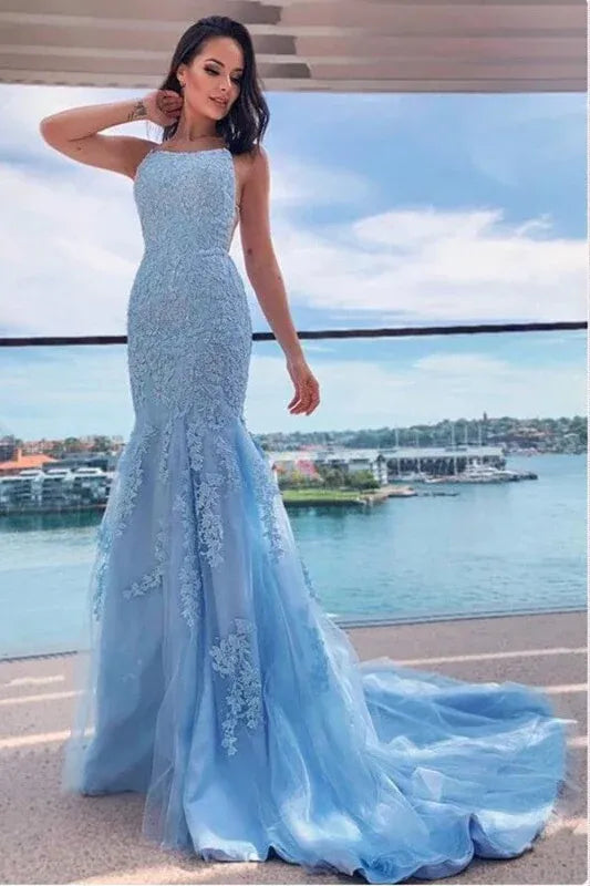 Glamorous Mermaid Lace Backless Sky Blue Train Prom Dress For Sale