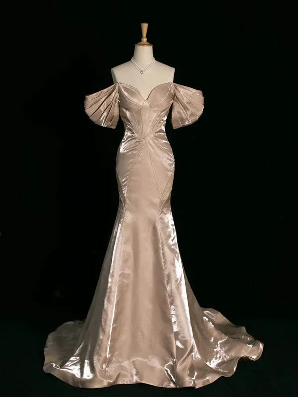 Glamorous Mermaid Off-Shoulder Puff Sleeve Satin Champagne Train Prom Dress For Women Custom