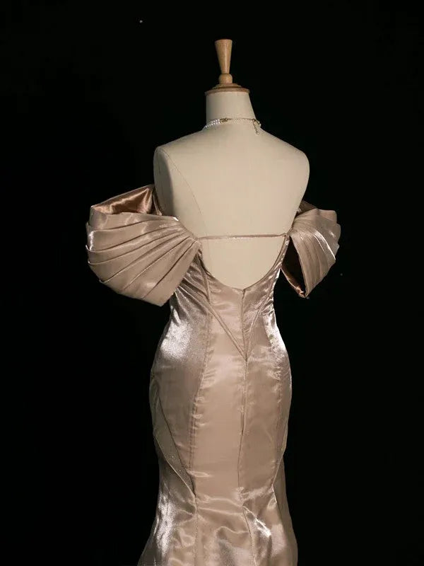 Glamorous Mermaid Off-Shoulder Puff Sleeve Satin Champagne Train Prom Dress For Women Custom