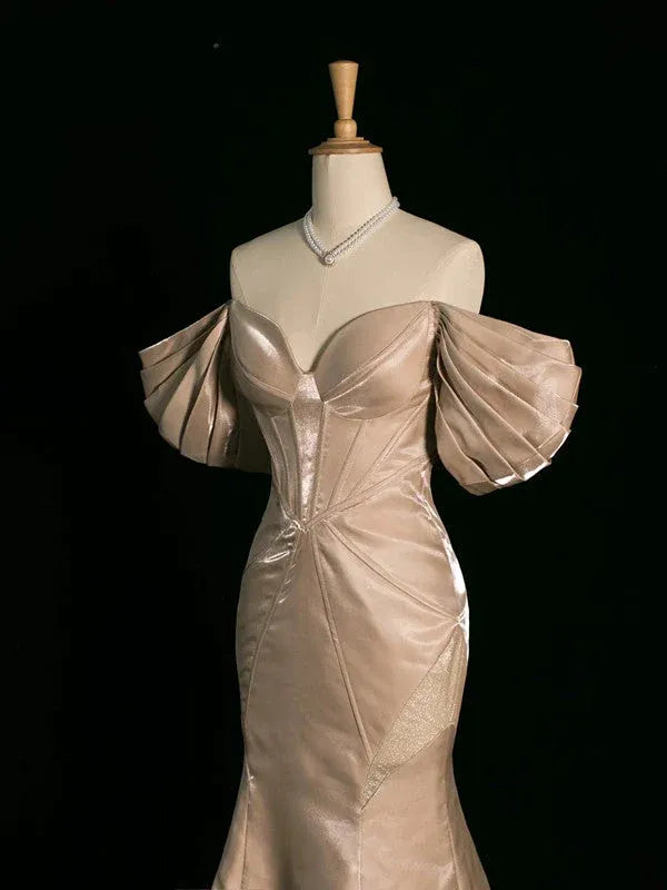 Glamorous Mermaid Off-Shoulder Puff Sleeve Satin Champagne Train Prom Dress For Women Custom