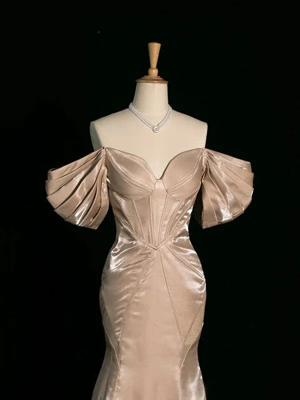 Glamorous Mermaid Off-Shoulder Puff Sleeve Satin Champagne Train Prom Dress For Women Custom