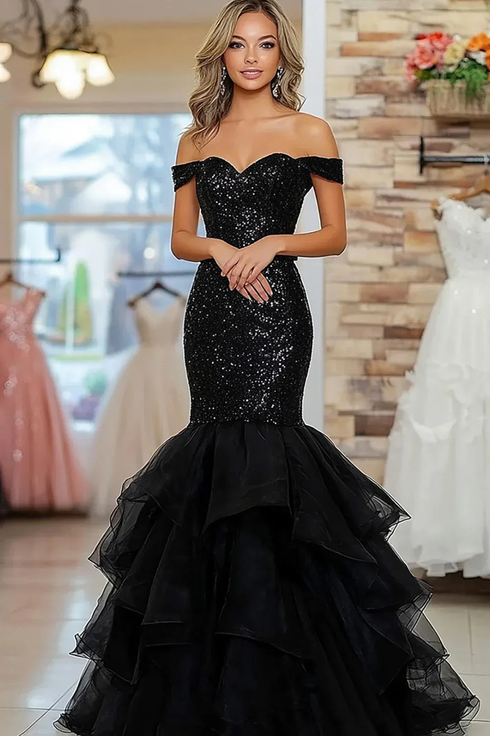 Glamorous Mermaid Off-Shoulder Ruffle Tulle Sequin Black Maxi Prom Dress