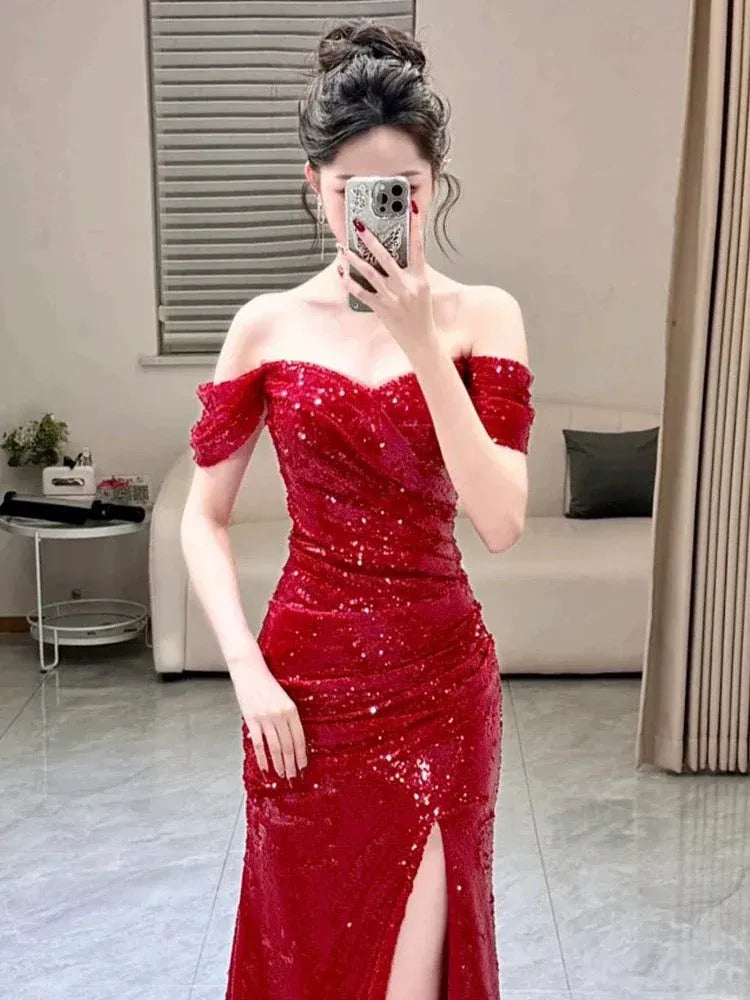 Glamorous Mermaid Off-Shoulder Sequin Red Long Prom Dress for Women Ready to Ship