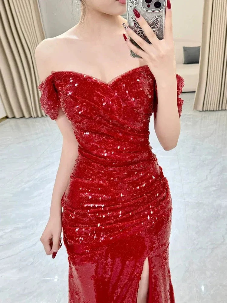Glamorous Mermaid Off-Shoulder Sequin Red Long Prom Dress for Women Ready to Ship