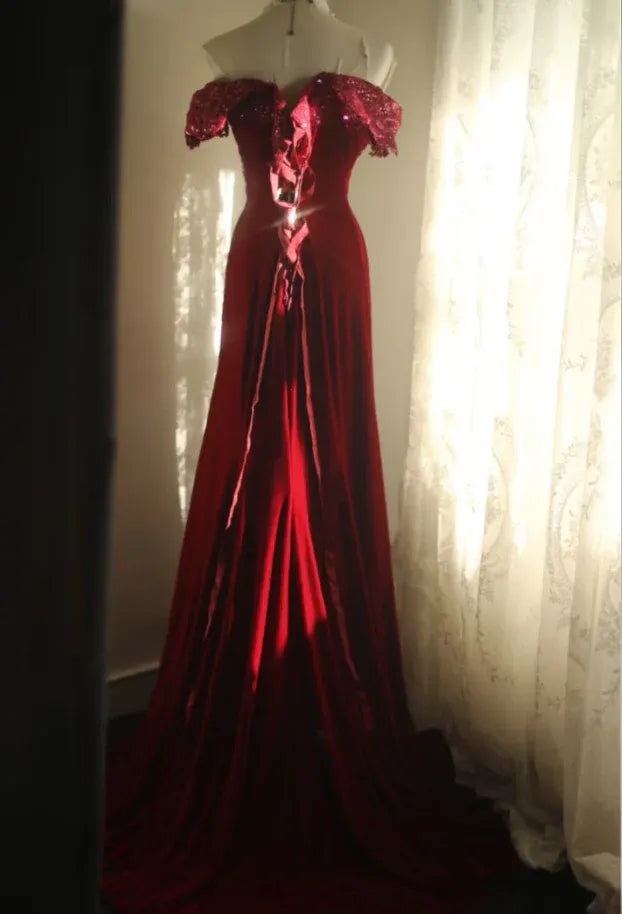 Glamorous Mermaid Off-Shoulder Sequin Velvet Burgundy Train Prom Dress