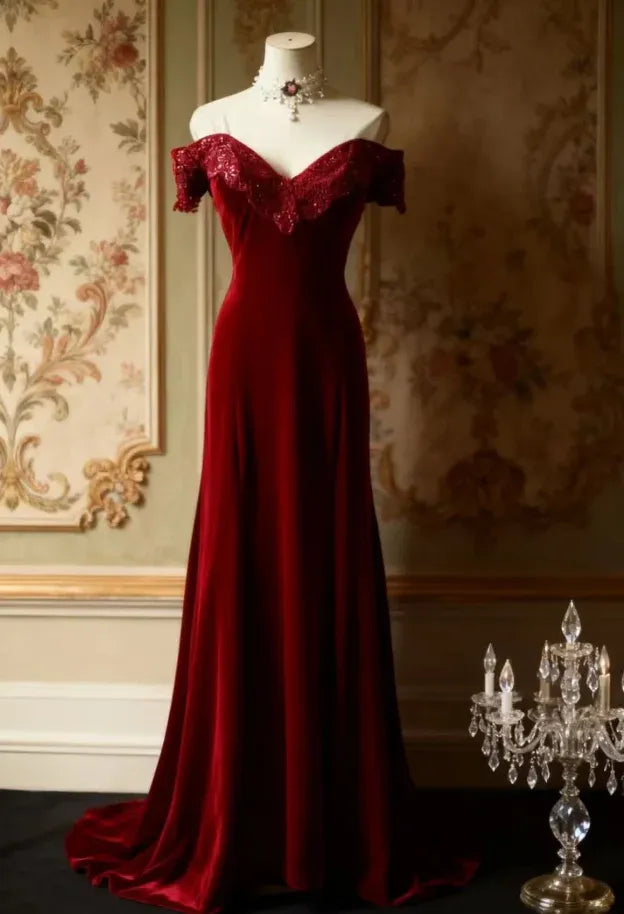 Glamorous Mermaid Off-Shoulder Sequin Velvet Burgundy Train Prom Dress