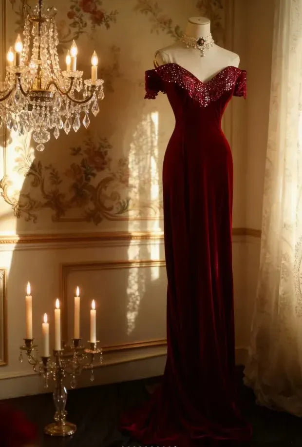 Glamorous Mermaid Off-Shoulder Sequin Velvet Burgundy Train Prom Dress