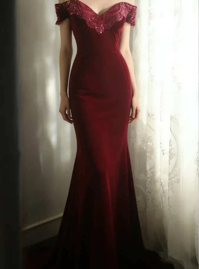 Glamorous Mermaid Off-Shoulder Sequin Velvet Burgundy Train Prom Dress